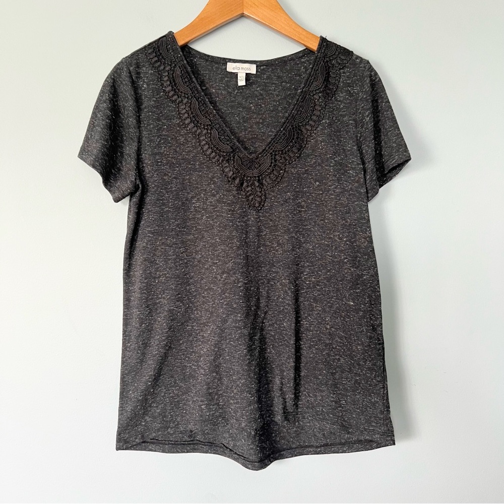 Ella Moss Charcoal Heatherer Gray Lace Trim V-Neck Tee Size XS
